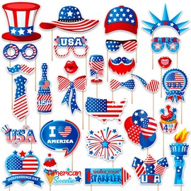 Independence Day Photo Booth Props with Sticks,4th of July Photo Booth Props,Patriotic Party Decorations (25CT)
