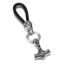 PiercingJak Men Black Genuine Leather Norse Viking Thor's Hammer Keychain Stainless Steel Vintage Nordic Viking Mjolnir Key Rings Amulet Pendant Celtic Pagan Symbol Key Chain