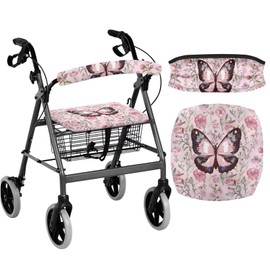 Cugasmaru Walker Seat Cover Butterfly Pink Rollator Accessories Gifts for Seniors in Assisted Living Rollator Walker Accessories for Ladies Washable Dust Cover 2 Piece Anti Slip Seat Covers Set