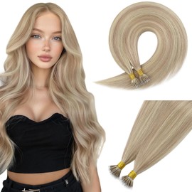 Sunny Hair Nano Beads Hair Extensions Invisible Nano Hair Extensions Human Hair Straight Nano Tip Hair Nano Ring Hair Extensions 50G/50S Warm Ash Blonde Highlight Bleach Blonde 20inch