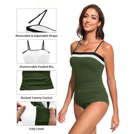 Daci Bandeau Tankini Trajes de baño para mujer, traje de baño de dos piezas con control de abdomen fruncido, traje de baño sin tirantes con parte inferior, Negro Verde Oliva, Large