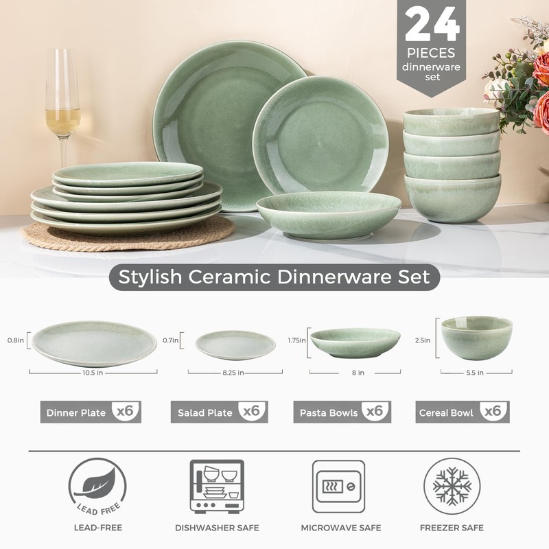 Dinnerware Sets for 6, 24 Pieces Ceramic Plates and Bowls