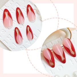 Red French Tip Press on Nails Medium Almond Fake Nails with Glue Gold Line False Nails Nude Acrylic Glue on Nails Shiny Swirl Stick on Nails Full Cover Artificial Nails for Women Manicure 24Pcs
