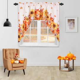 FRAMICS Fall Valance for Kitchen Thanksgiving Swag Curtain Pumpkin Sunflower Maple Leaves Window Valance Fall Rod Pocket Valance for Windows, 60" W x 36" L, 1 Panel