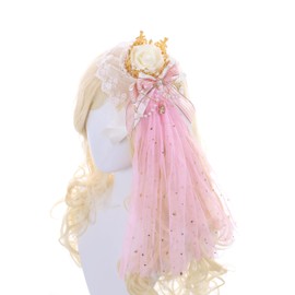C-105-2 Pink Veil Gold Crown Rose Bow Lace Ruffle Gothic Lolita Party Celebration Hair Accessories Head Accessory