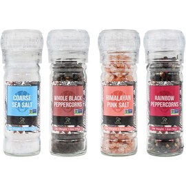 Soeos Spice Seasoning Set of 4, 10.6 oz(300.5g), with Integrated Grinders, Salt and Pepper Grinder Set, Spicy Garlic, Garlic & Herbs, BBQ Seasoning Gift Set, Seasonings Gift Set