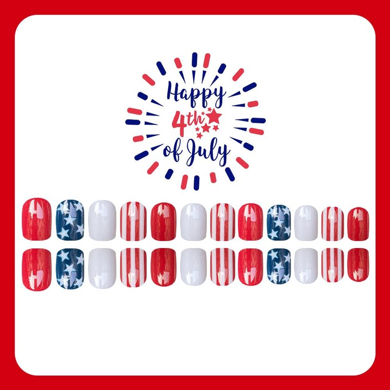 4th of July Press on Nails Short Square Red White