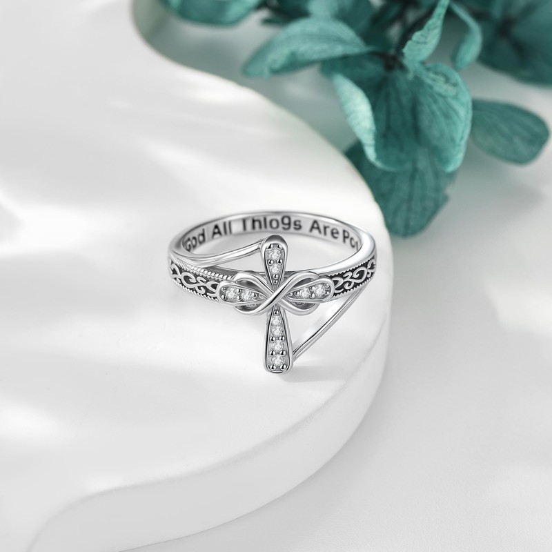 CUPENDA Cross Ring 925 Sterling Silver Cross Infinity Filigree Zircon