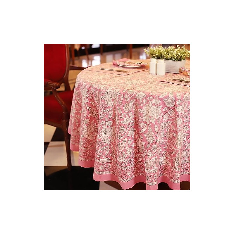 Labhanshi Pink Block Print Round Table Cloth|Indian Round Floral Cotton