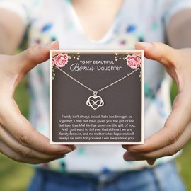 RareLove Bonus Daughter Necklace,Step Daughter Gifts from Stepmum,925 Sterling Silver Tiny Infinity Heart Necklaces Jewellery for Women,Blended Family,Adoptive Daughter Gift for Birthday Wedding