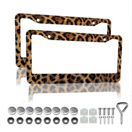 Leopard Cheetah Print License Plate Frame - 2 Packs Universal Stainless Steel Car License Plate Frames Covers Holder Rustproof for Men Women