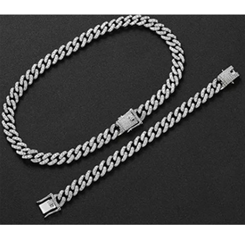 2Pcs Cuban Link Chain Rhinestone Necklace Bracelet Set Gift for