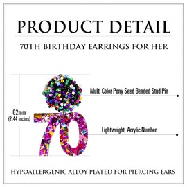 RareLove 70th Birthday Earrings for Women, Pink Number 70 Colorful Beaded Glitter Dangle Stud Earrings, Fun Birthday Party Accessories Jewelry