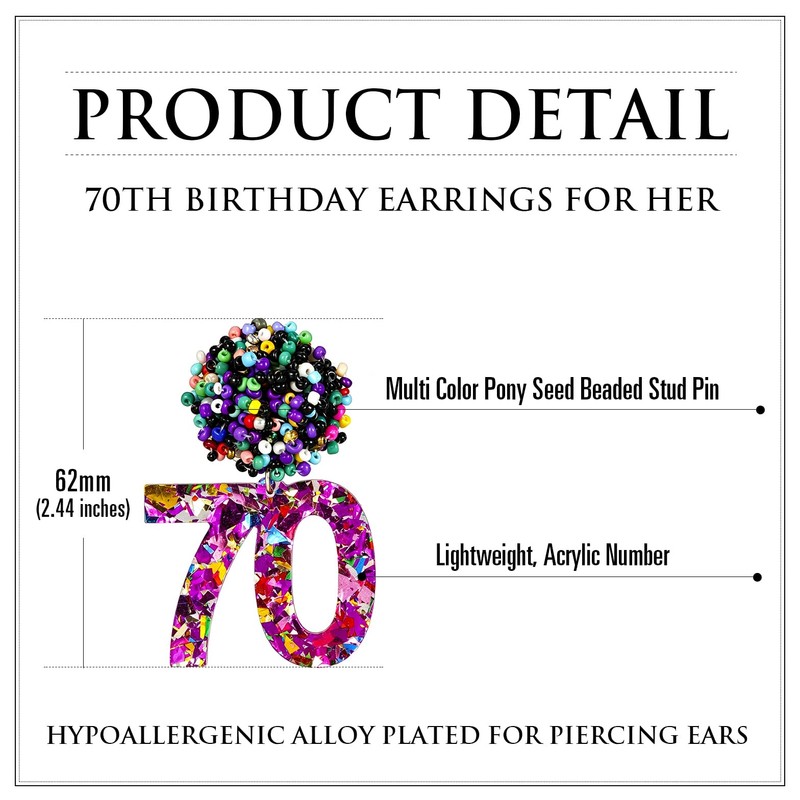 RareLove 70th Birthday Earrings for Women, Pink Number 70 Colorful