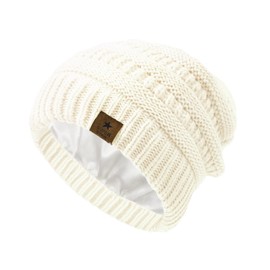 Zando Toddler Satin Lined Winter Hat Kids Knitted Beanie Silk Lined Beanies Cap Warm Winter Hats for Boys Girls Hats Soft Baby Boy Beanie Winter Hat for Toddlers White 3-8 Years