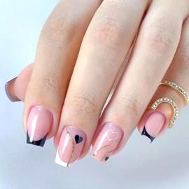 Press on Nails Short Square False Nails with Golden Glitter Lines Design Black Heart Glue on Nails Black White French Tip Fake Nails Glossy Nails Press ons for Girls 24Pcs