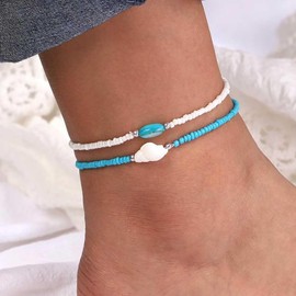 Andelaisi Boho Layered Shell Anklet Bracelet Vintage Seashell Conch Anklet Chain Blue Rice Beads Foot Chain Summer Beach Beaded Link Bracelet Jewelry for Women