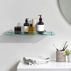 KOCOK 20 Inches Glass Shelves for Bathroom, Chrome Polished Floating Glass Shelf Stainless Steel Tempered Glass Bathroom Shelves for Wall Mount Modern