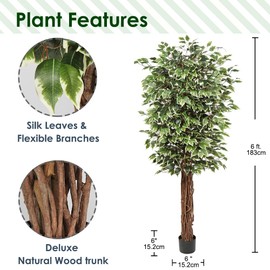 plant Artificial Ficus Tree 6ft in Pot Fake Silk Plant with Green White Leaves Natural Trunk for Indoor Outdoor Home Garden Decor