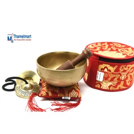 5" Tibetan Singing Bowl for Meditation, Sound Healing, Yoga & Sound Therapy. Made of 7 metals. Silk Cushion, Wooden Mallet, Box & Tingsha included Thamelmart (5 Inch matte)