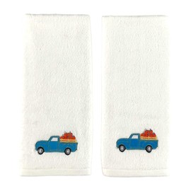 Harvest Farmhouse Fall Hand Bathroom Guest Embroidered Towels, 2 Pc Set: Vintage Truck Carrying Pumpkins Design Bath Plush Ivory Towels, 2 Piece Set, 100% Cotton, 16" x 25" Inches, Oeko-TEX Certified