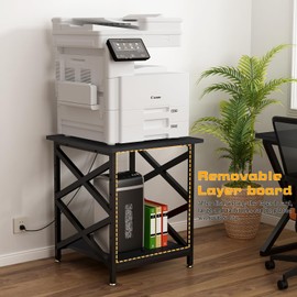 METYERRY Large Printer Stand with Power Outlet, with Height Adjustable Storage Shelf, 3 Tier Rolling Printer Cart with Industrial Wheels, 23.6 x 23.6 Inches Printer Table for Home Office,Black