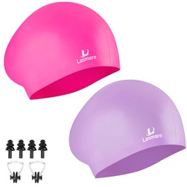 Long Hair Swim Cap for Women 2 Pack, Silicone Swimming Caps for Unisex Adult Women Men with Ear Plugs & Nose Clip Set, Waterproof Adult Swim Hats Bathing Caps to Keep Hair Dry(Rose Red+Purple)