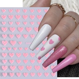 6 Sheets Glitter Heart Nail Art Stickers 3D Valentines Nail Decals Self-Adhesive Valentine's Day Nail Stickers Pink Red Hearts Nail Designs Supplies Romantic Heart Nail Accessories for Women Girls