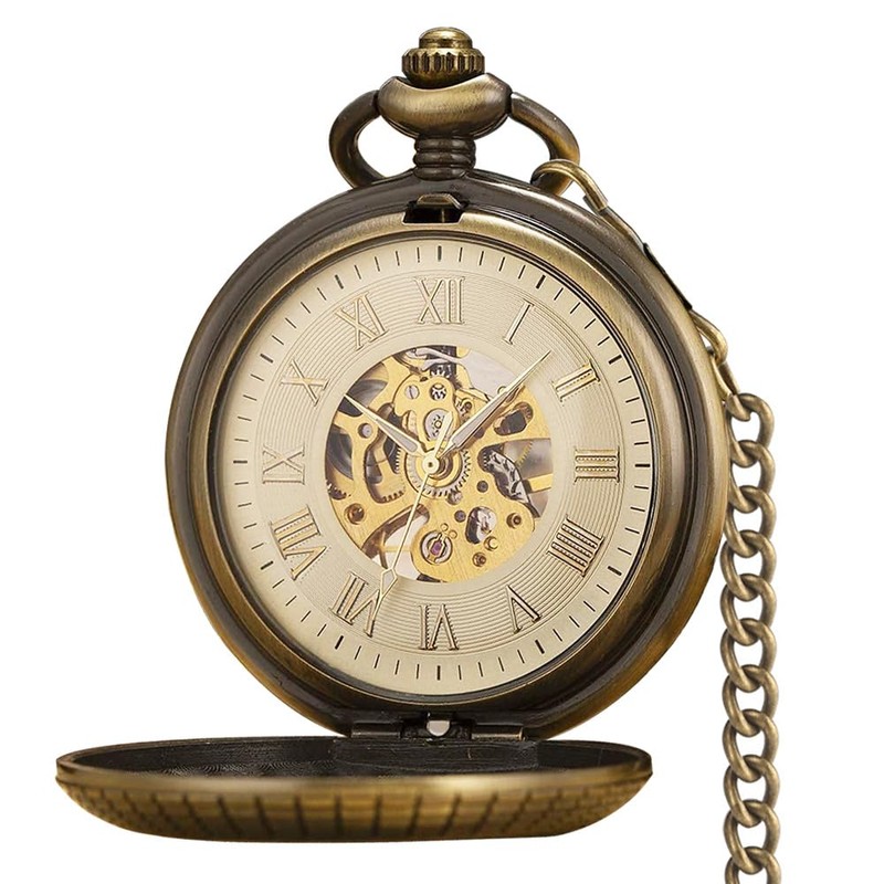 VIGOROSO Men's Hand-Wind Mechanical Pocket Watch Vintage Steampunk Wood Grain