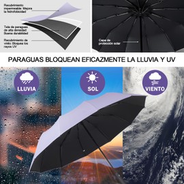 LORISKORS Paraguas Plegable de Automático, Sombrilla para Sol Mujer, Resistente al Viento e Impermeable, Paraguas de Protección Anti-UV para Lluvia y Día Soleado, con 12 Varillas, Ligero y Compacto para Usar de Una Sola Mano (Púrpura)