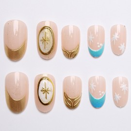 Short Round Press on Nails Gold Chrome Fake Nails French Tip False Nails Press ons with Hexagram Design Reusable Artificial Nail Full Cover Glossy Glue on Nail Stick on Nails for Women Manicure 24 Pcs