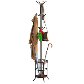 FILWH Coat Rack Freestanding with Umbrella Stand Coat Rack Stand with 12 Hooks Metal Coat Tree Coat and Hat Hanger Jacket Entryway(Brown)