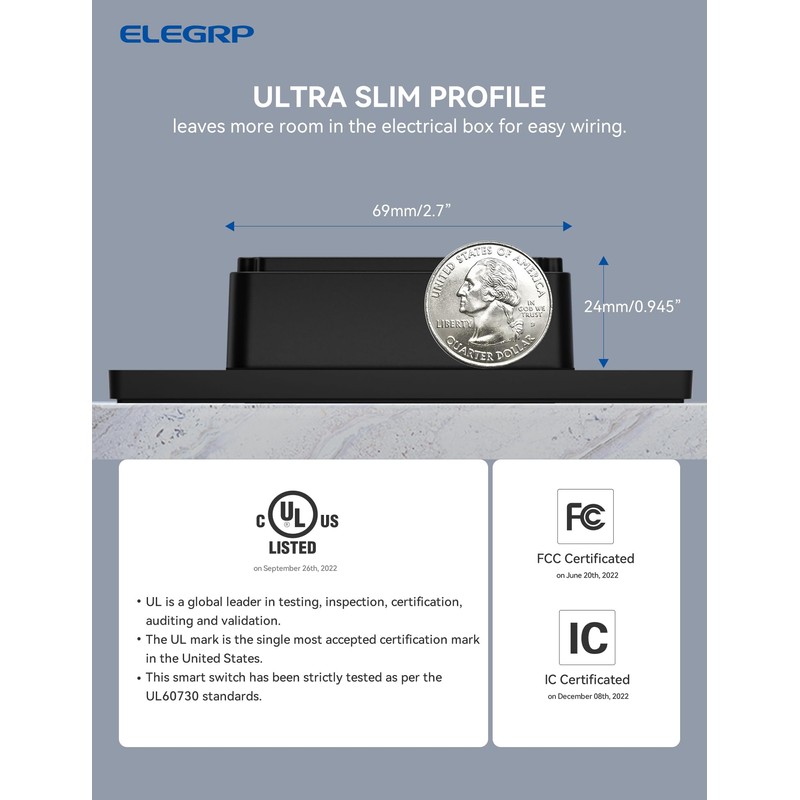 ELEGRP Smart Light Switch, 2.4GHz Wi-Fi Light Switch Compatible with