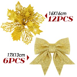 BOFUNX 12Pcs Poinsettia Artificial Flowers + 6Pcs Christmas Bows Artificial Glitter Hollow Christmas Flowers Large for Christmas Tree Christmas Party Decoration (Gold)