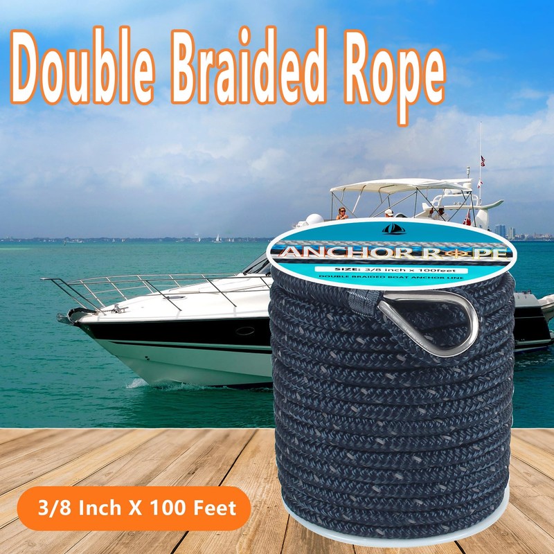 Anchor Rope 100 Ft 3/8 in, Double Braided Anchor Line