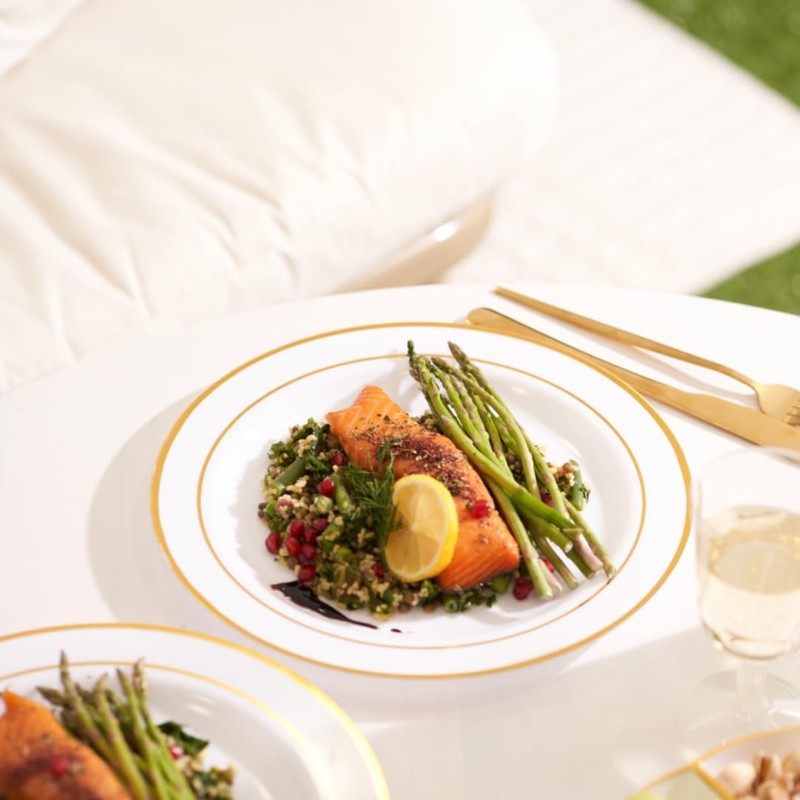 MATANA 50 Premium White Plastic Dinner Plates with Gold Rim,