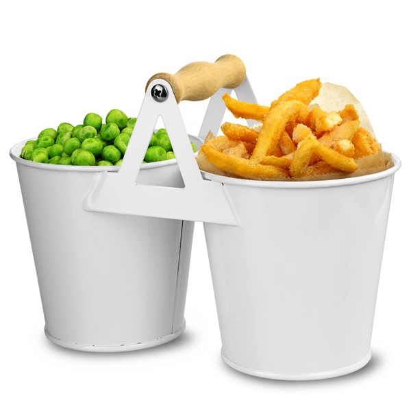 dine@drinkstuff Double Bucket Condiment Caddy - White Galvanised Steel Cutlery