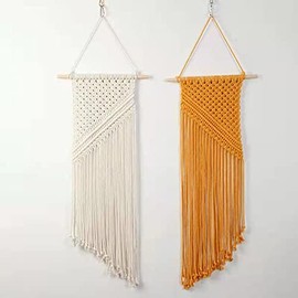 SAJANDAS Macrame Wall Hanging, Boho Decorative Tapestry, Set of 2, White and Yellow Macrame Wall Hanging, Woven Tapestry, Handmade Home Decor for Bedroom, Living Room