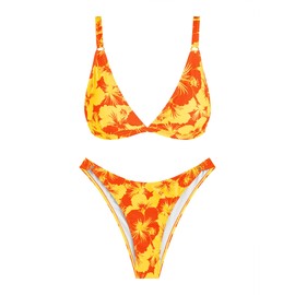 ZAFUL Women's 2 Piece Floral Print Swimsuit Triangle String High Cut Bikini Sets Bathing Suit(1-Flower Orange, M)