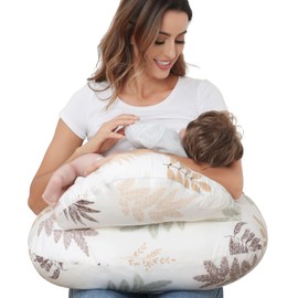 Nursing Pillow for Breastfeeding, Breastfeeding Essentials for Newborn, More Support for Mom and Baby, with Adjustable Waist Strap and Removable Cotton Cover (Small Leaves)