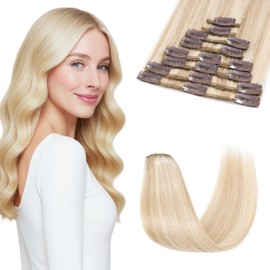 Real Hair Clip-In Extensions - 8 Double Stitched Wefts, Invisible Clips 45 g Ash Blonde / Blonde 20 cm Salon Real Hair Straight #18P613