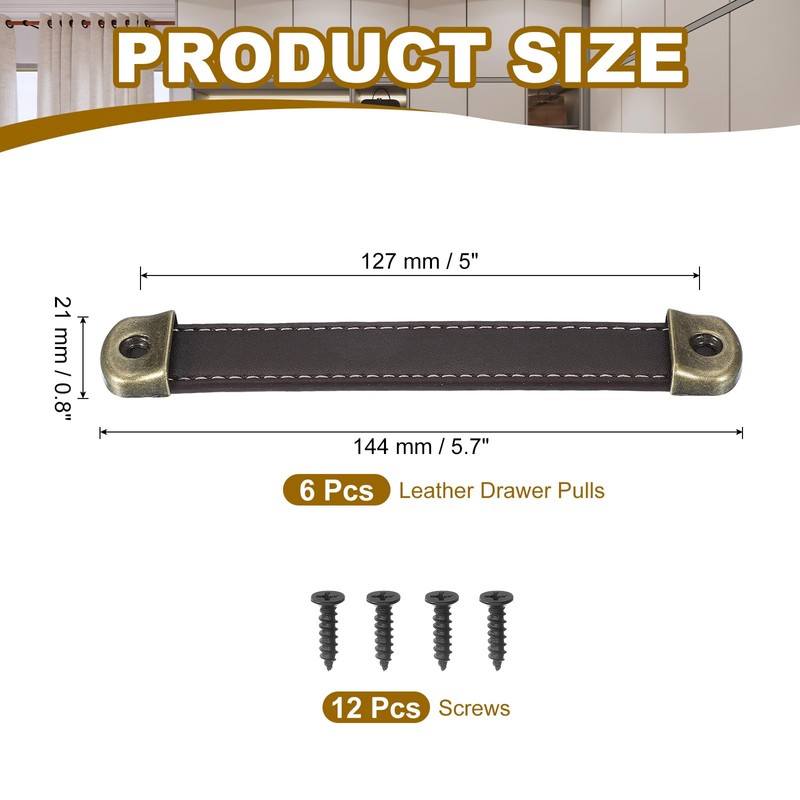PATIKIL 5.6" Leather Drawer Pulls with Iron Sheet, 6 Pcs