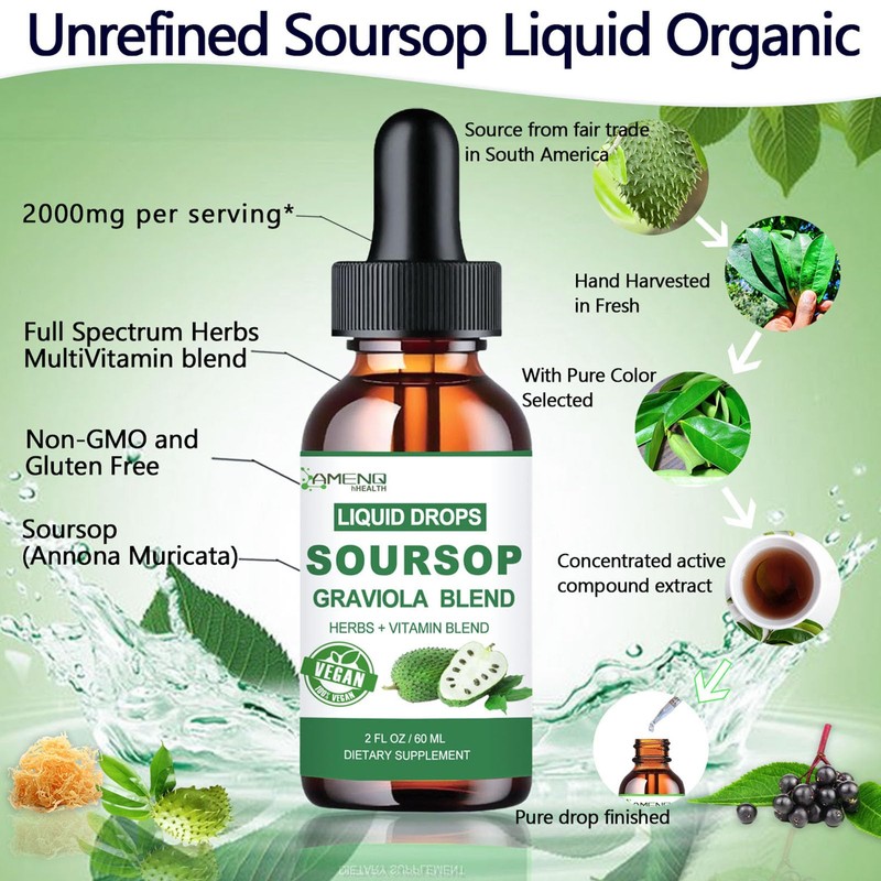Soursop Graviola Liquid Drops, Organic Soursop Leave Extract w/Sea Moss,