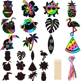 Qpout 48 Packs Summer Scratch Cards,Magic Rainbow Tropical Theme DIY Craft, Rainbow Party Art for Kids, Beach Classroom Activity Hanging Ornaments Supplies