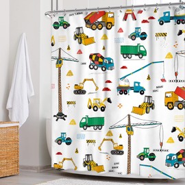 Newsely Kids Construction Truck Boys Shower Curtain 60Wx72H Inch Cartoon Excavator Tractor Machinery Vehicle Shower Curtain Bathroom Set Colorful Waterproof Bath Decoration Accessories Home Decor