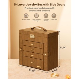 Homde Synthetic Leather Huge Jewelry Box Mirrored Watch Organizer Necklace Ring Earring Storage Lockable Gift Case (Brown + Gold)