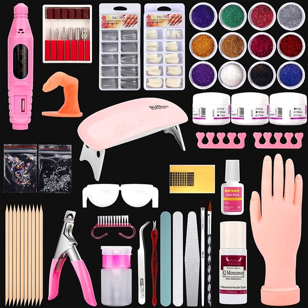 Nail Practice Hand for Acrylic Nails, Flexible Nail Hand Practice Training Kits, Rubber Fake Nail Hand to Practice Fake Nails with Nail Drill, Nail Dryer Lamp, 12 Colors Acrylic Powder Beginners Kit