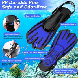 Snorkeling Gear for Adults,3 in 1 Snorkel Set with Panoramic View Diving Mask Anti-Fog Anti-Leak,Dry Top Snorkel,Fins and Travel Bag for Swimming,Snorkeling and Travel Diving (Blue, L/XL（42-47）)