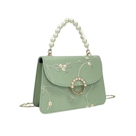 SweatyRocks Women's Crossbody Handbag Faux Pearl Top Handle Flower Embroidery Purses Mini Square Bag Green