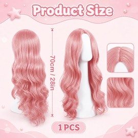 Long Pink Wig, 28 Inch Pink Wigs For Women, Comfortable Fit, Easy to Style and Maintain, Pink Wig for Halloween, Daily Use and Cosplay
